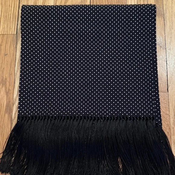 SAINT LAURENT - 100% SILK BLACK & WHITE POLKA DOT FRINGE SCARF - Picture 6 of 10